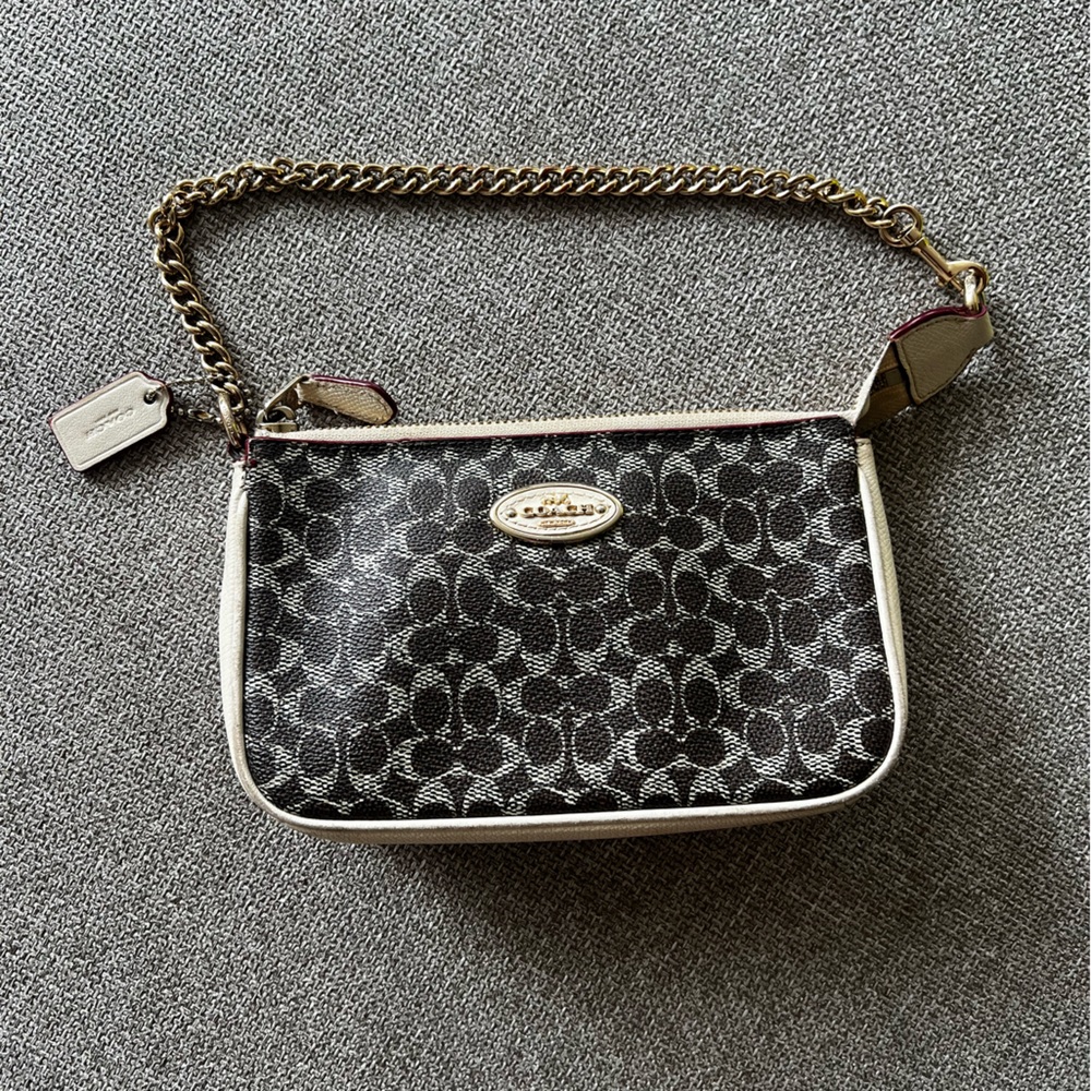 COACH Brown and Cream Leather Wristlet with Gold Chain